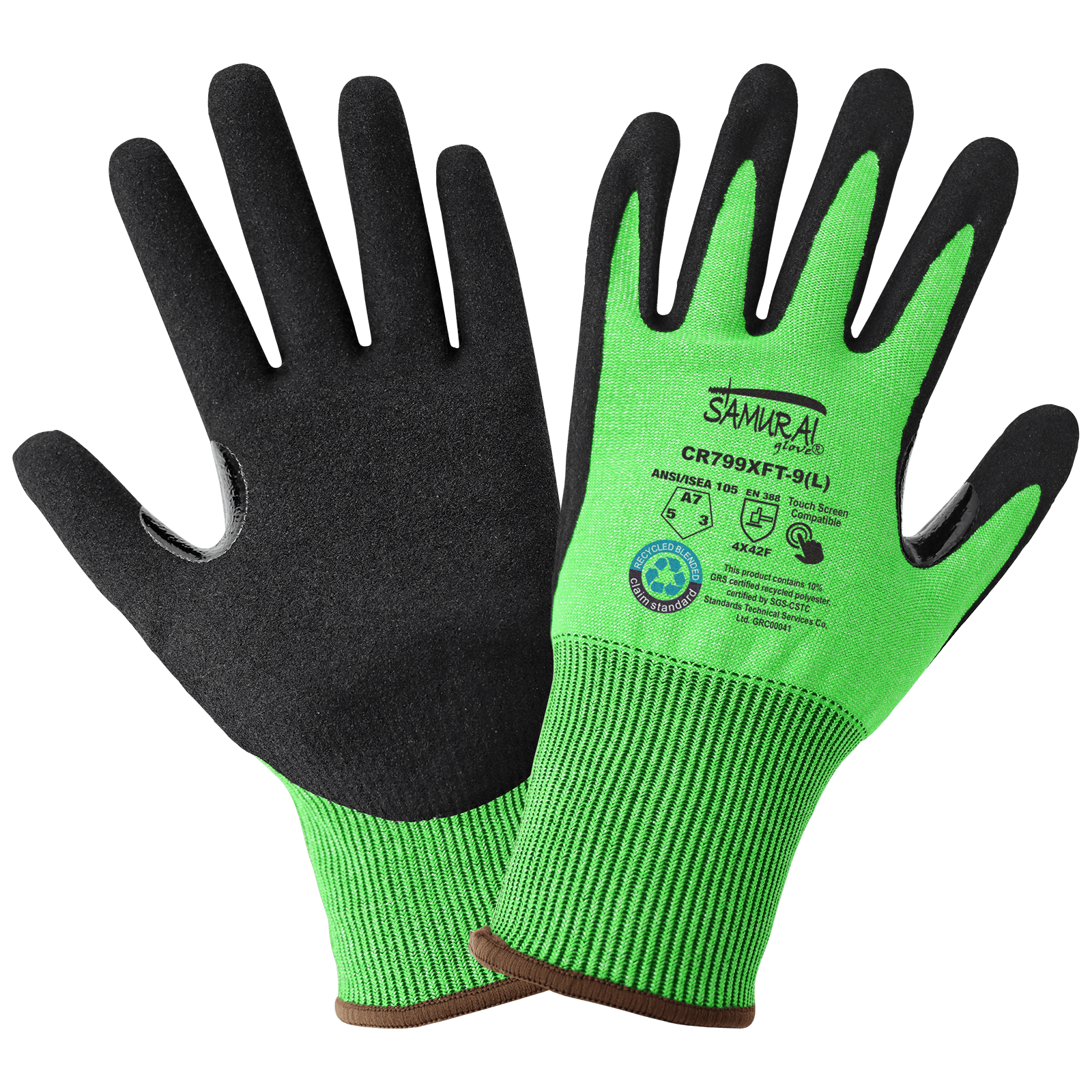 Samurai Glove® Hi-Viz Nitrile Coated rPET Recycled Cut Resistant Gloves with Touch Screen Fingers - Spill Control